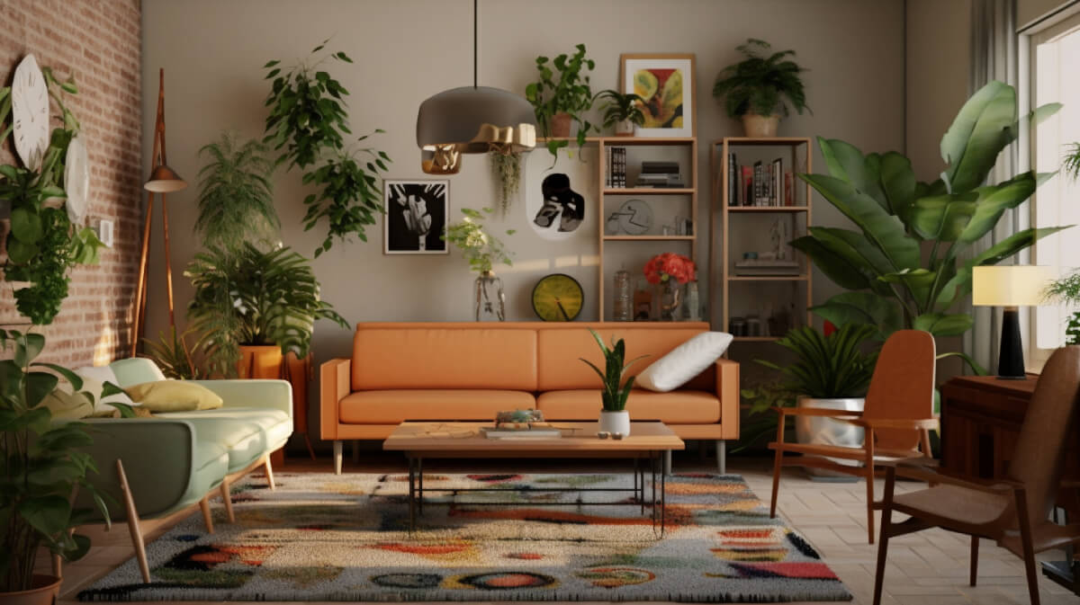 mid-century-interior-design-with-incorporating-plants-flowers-succulents-plants